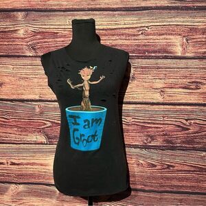 Marvel I Am Groot Women's Black Medium Shirt Top Blouse Customized Cut Open Back
